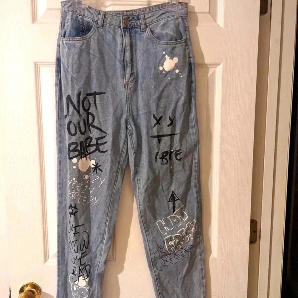 Gemma Rae Graffiti Jeans Juniors High Waist Distressed‎ Denim Pants Size 9